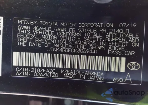 2019 Toyota Corolla Se z USA, uszkodzony, nr VIN JTNK4RBE0K3069441